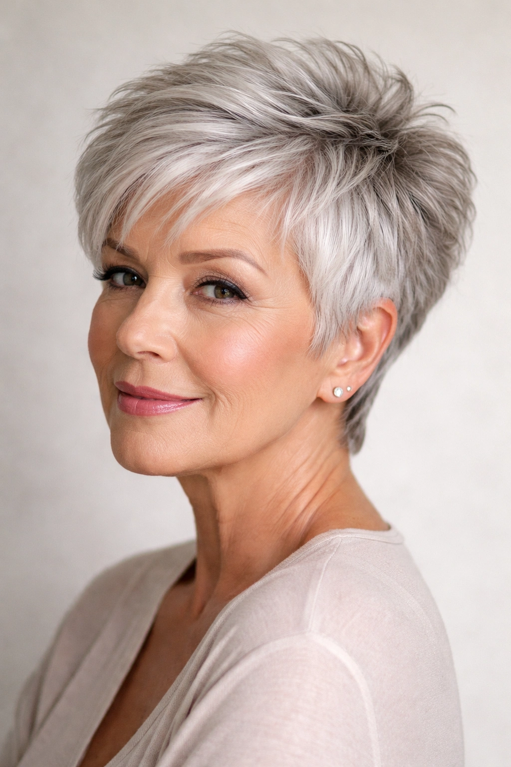 Close-up of an older woman with textured pixie crop for round faces; silver hair with crown height.