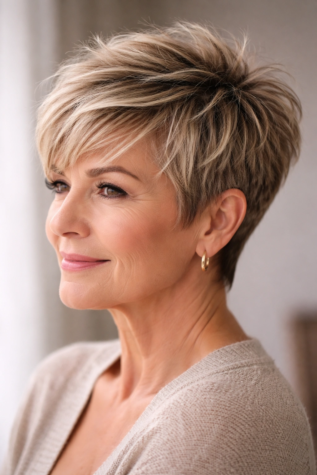 Textured pixie with longer crown showing top volume.