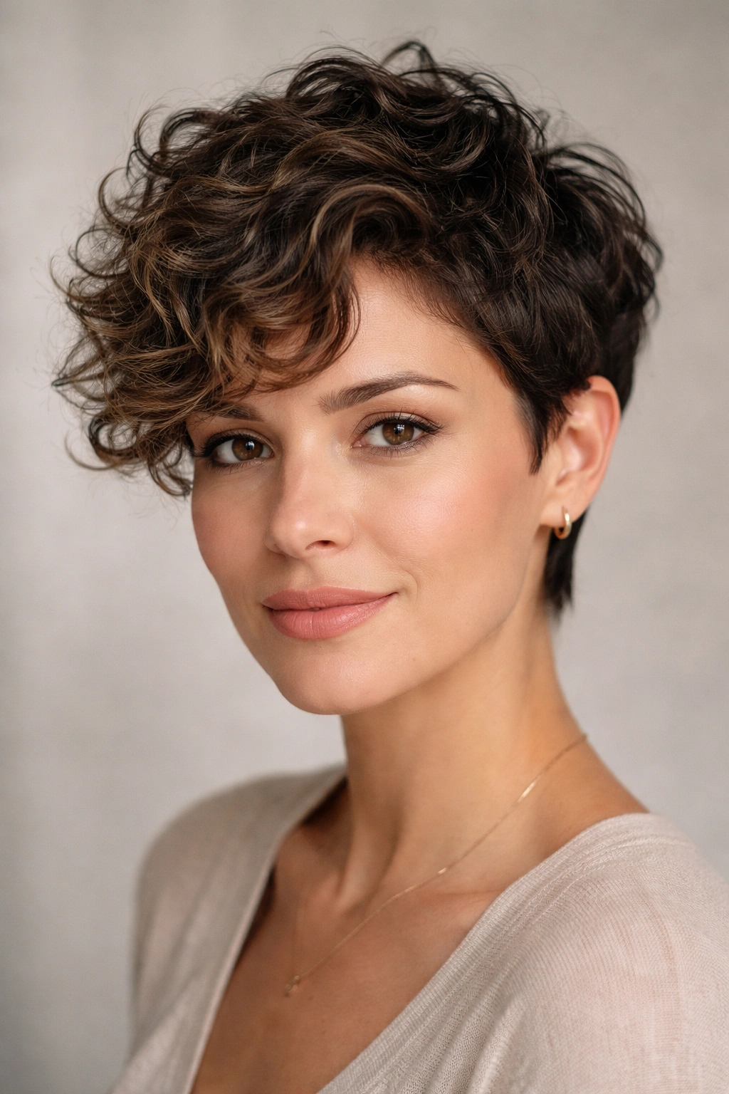 Close-up of textured pixie cut with soft layered curls on a stylish woman.