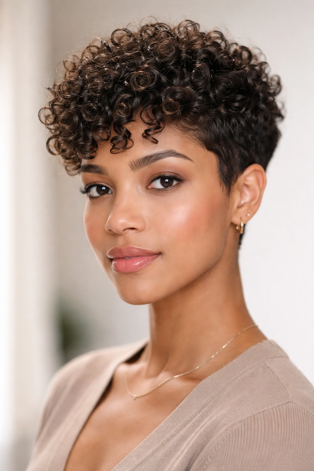 Textured pixie cut on 3A-3C curls with defined curls and tapered sides