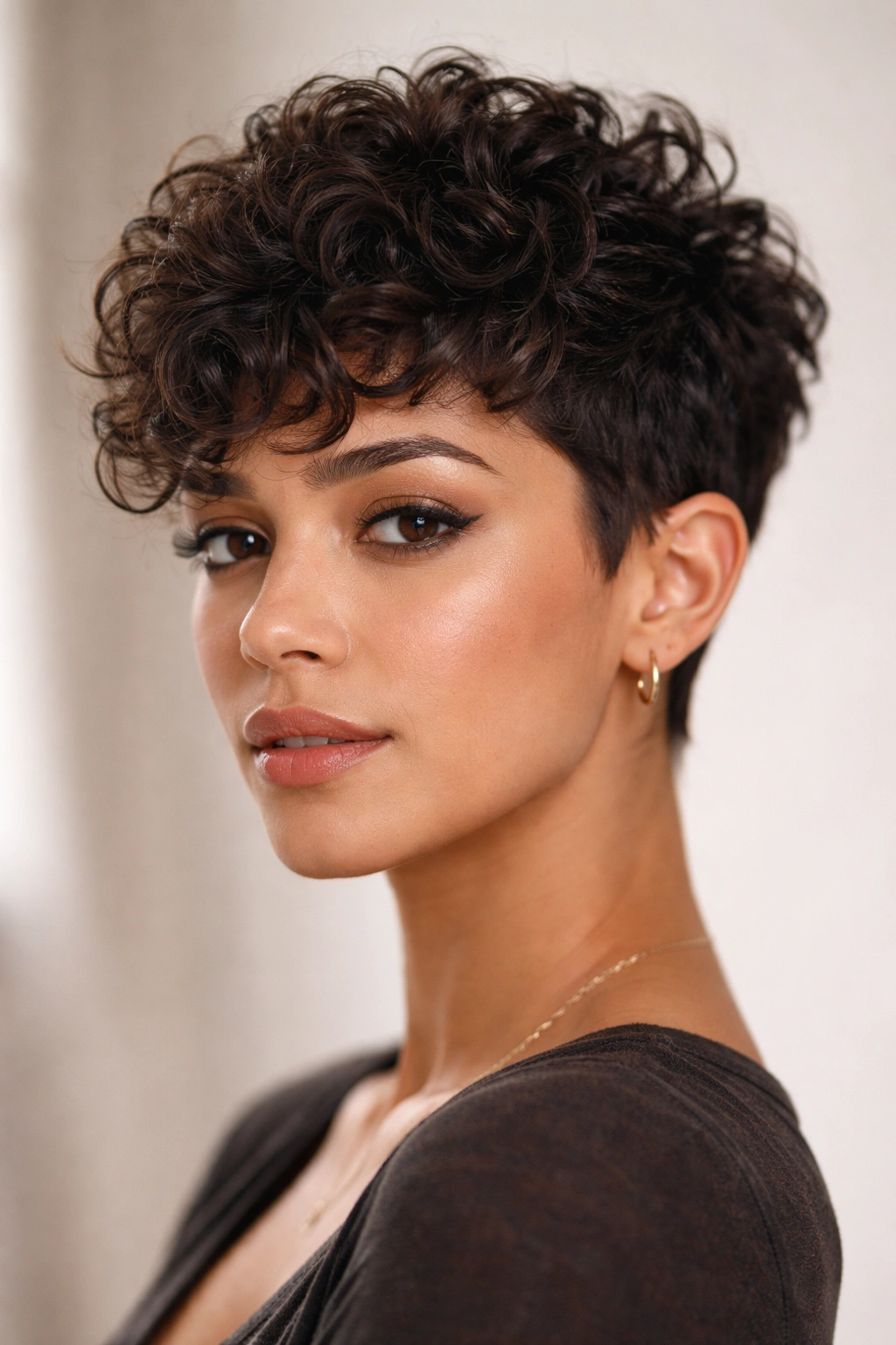 Close-up of The Textured Pixie hairstyle on a model with choppy top layers and tapered sides.