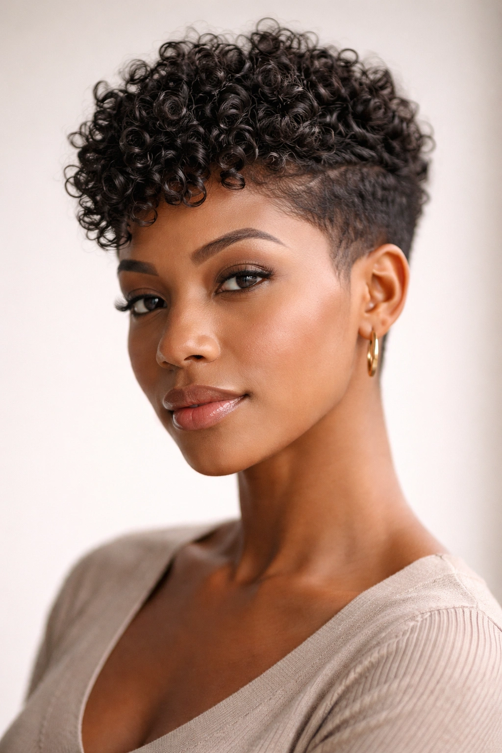 Portrait of a person with a short textured pixie cut showing Type 3 curl texture