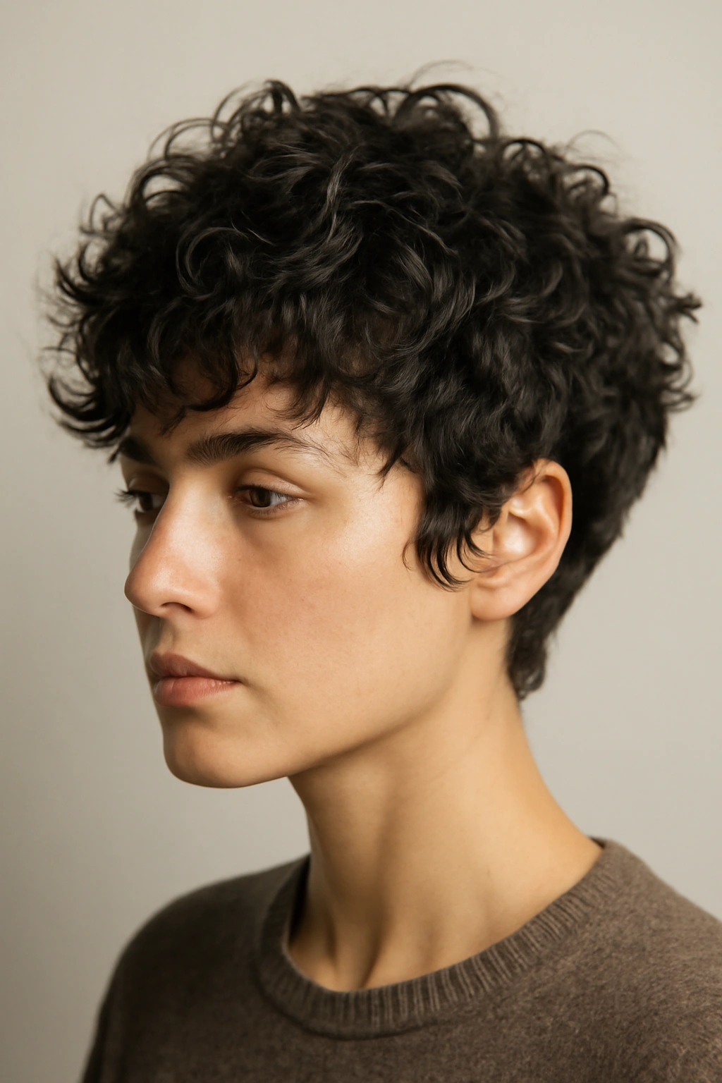 Heavily textured pixie cut on thick curly hair with bold layering