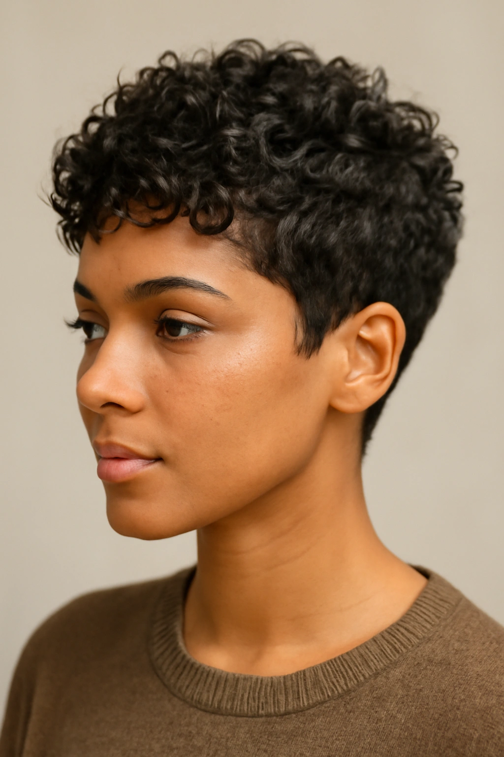 Textured pixie crop on curly hair with defined curls