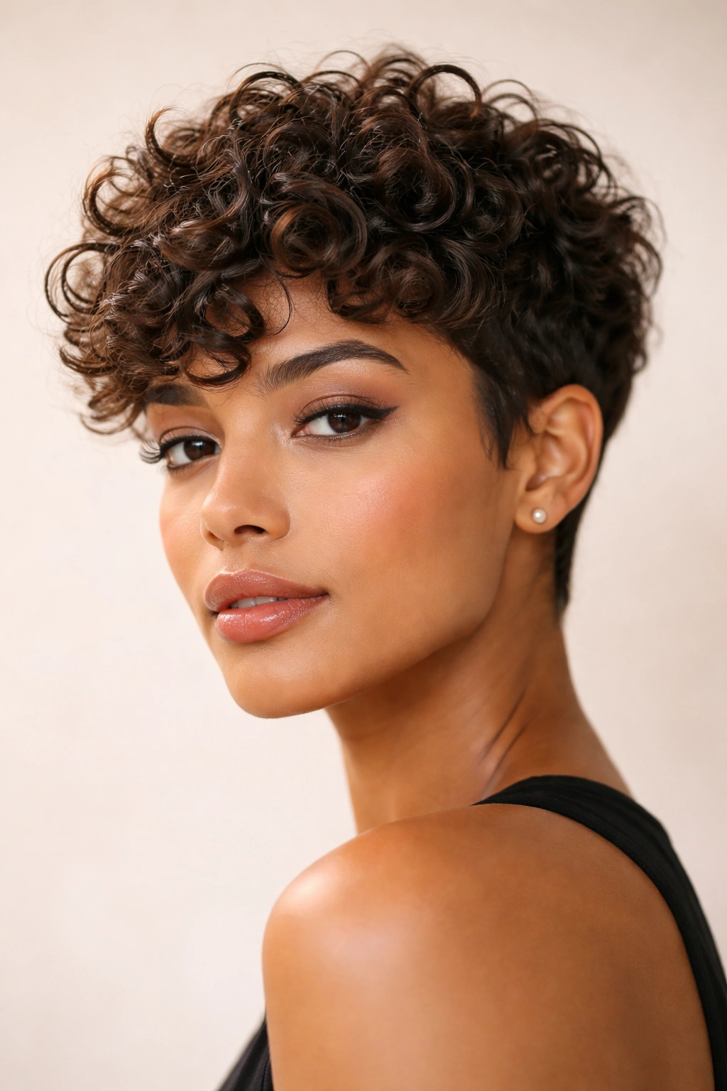 Close-up of a curly textured pixie cut with choppy layers highlighting curl definition