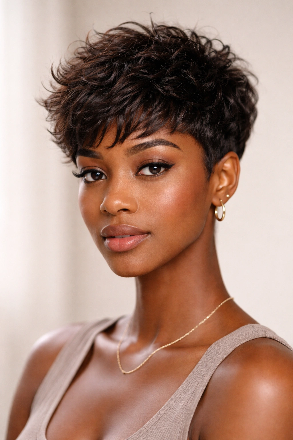 Frontal view of a textured pixie cut showing layers