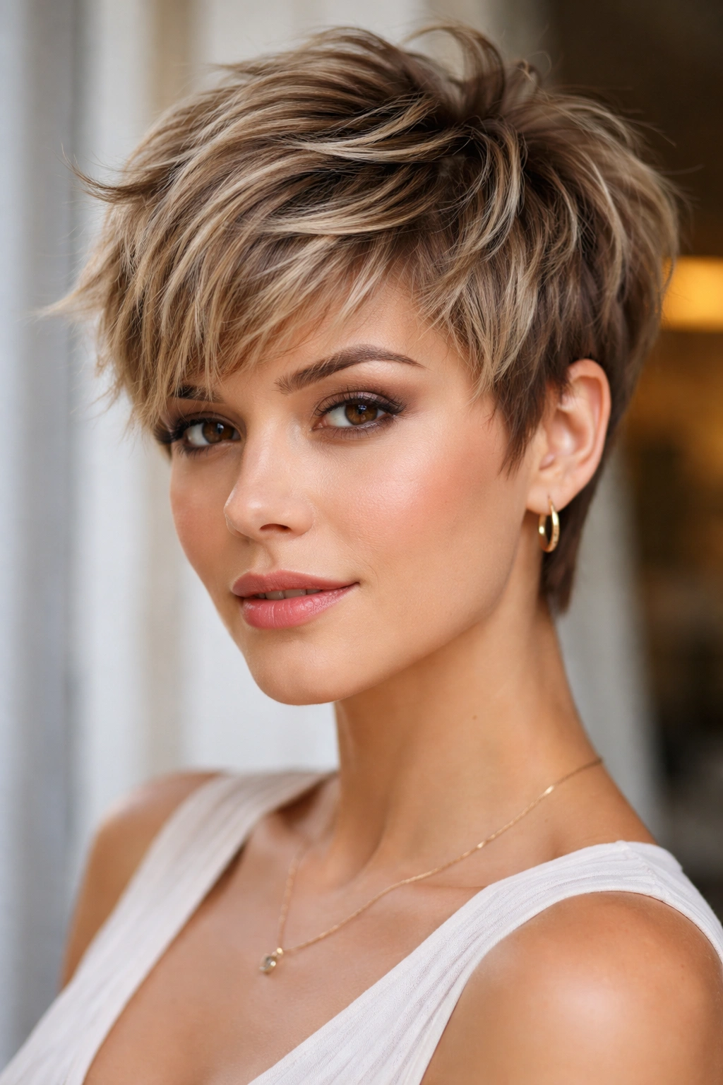 Close-up of a textured pixie cut with choppy layers.
