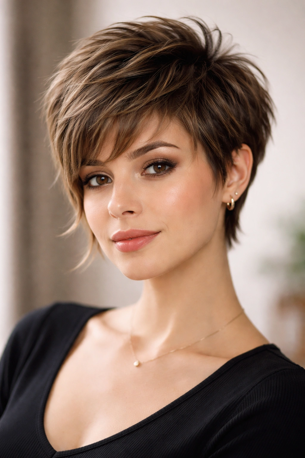 Textured pixie cut with crown volume and long sides