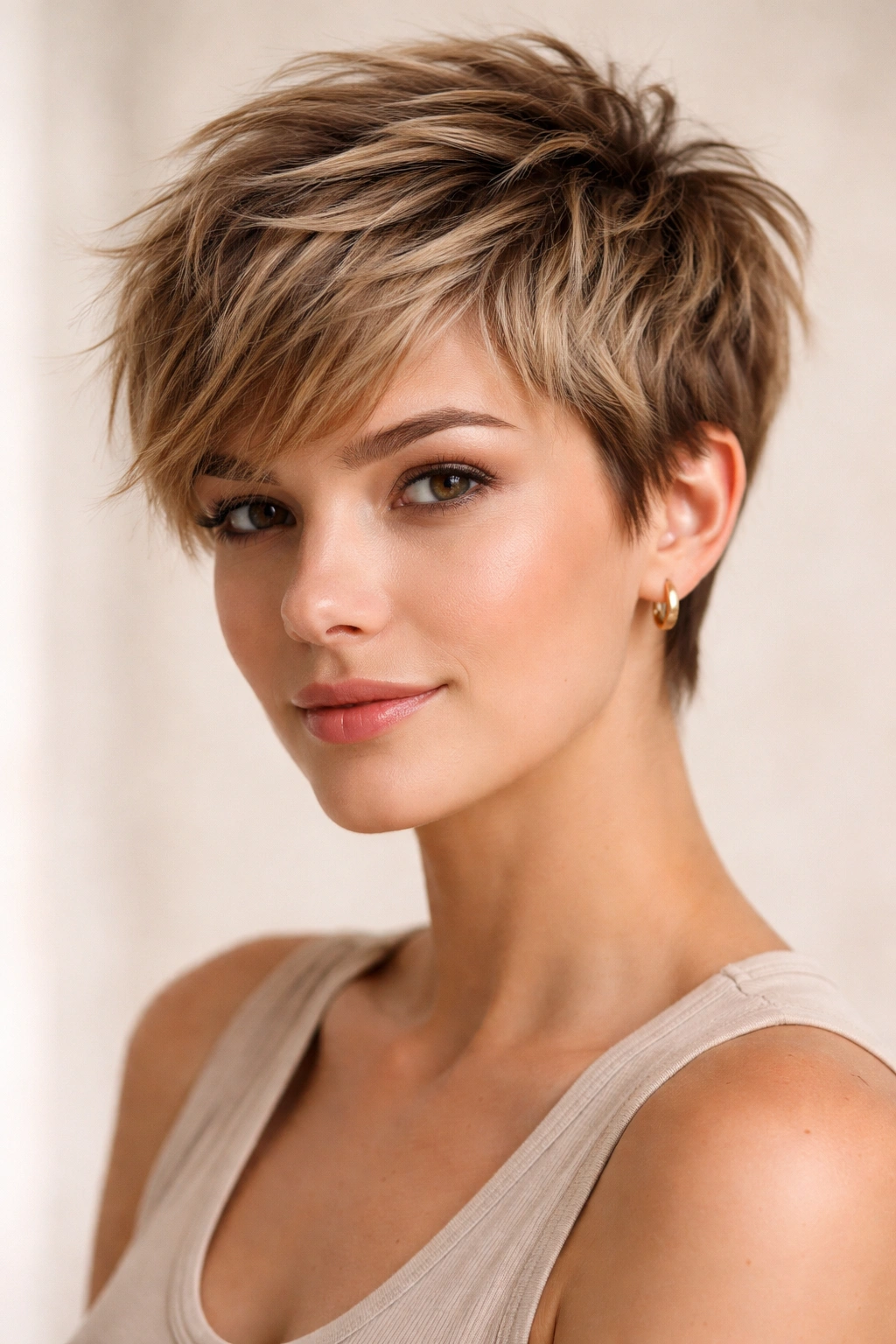 Close-up of textured pixie cut with choppy layers and light-catching texture