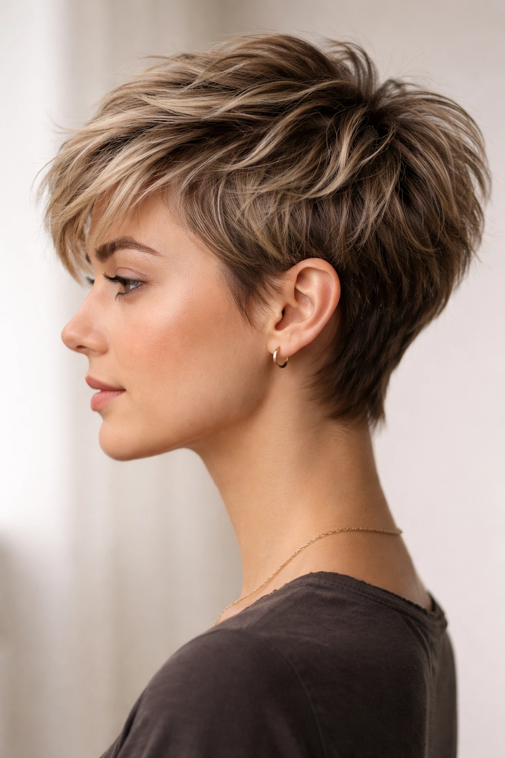 Close-up profile of a woman with a textured pixie cut showing choppy layers and crown volume.