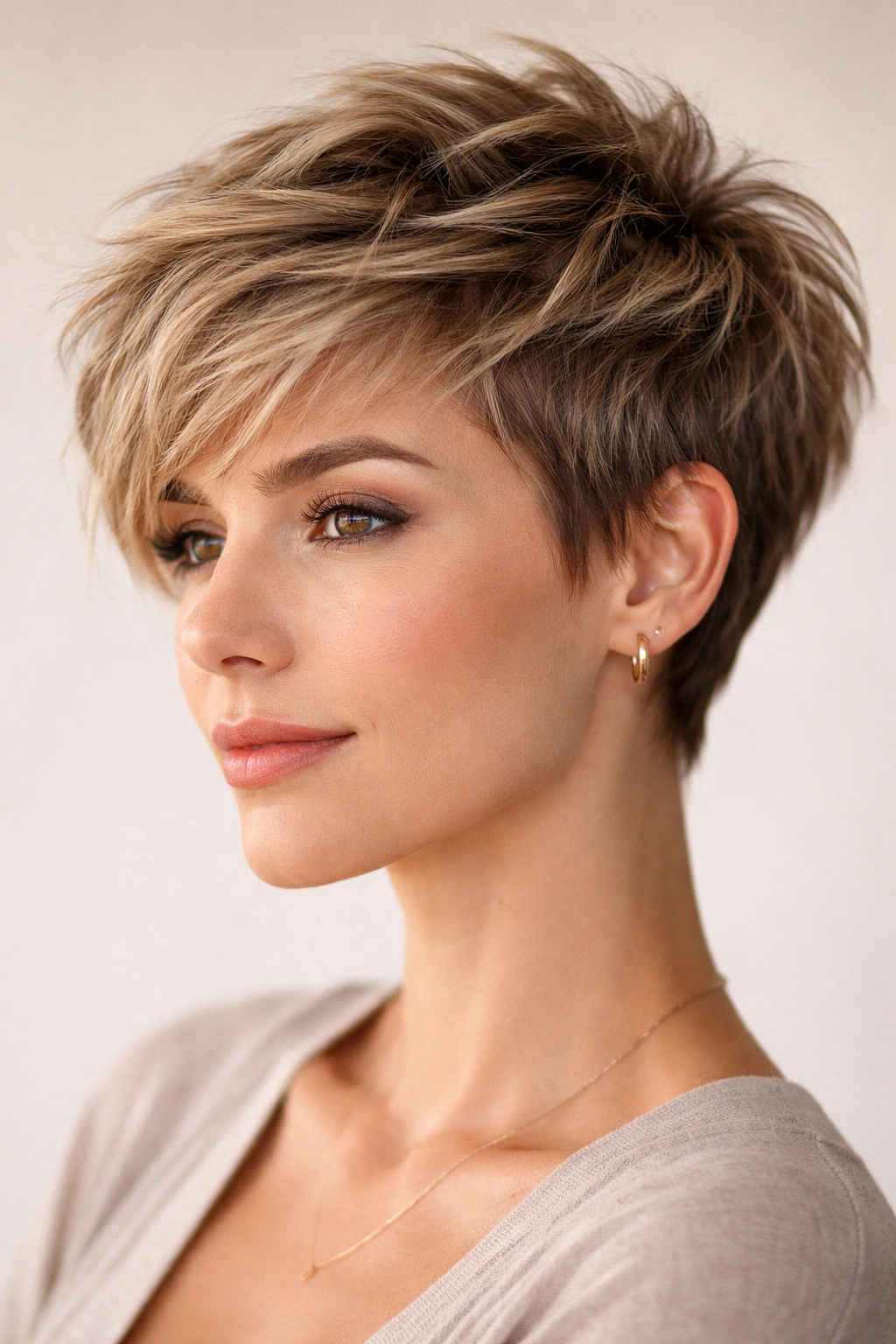 Close-up of a textured pixie cut with layered crown and side lengths emphasizing texture and movement.