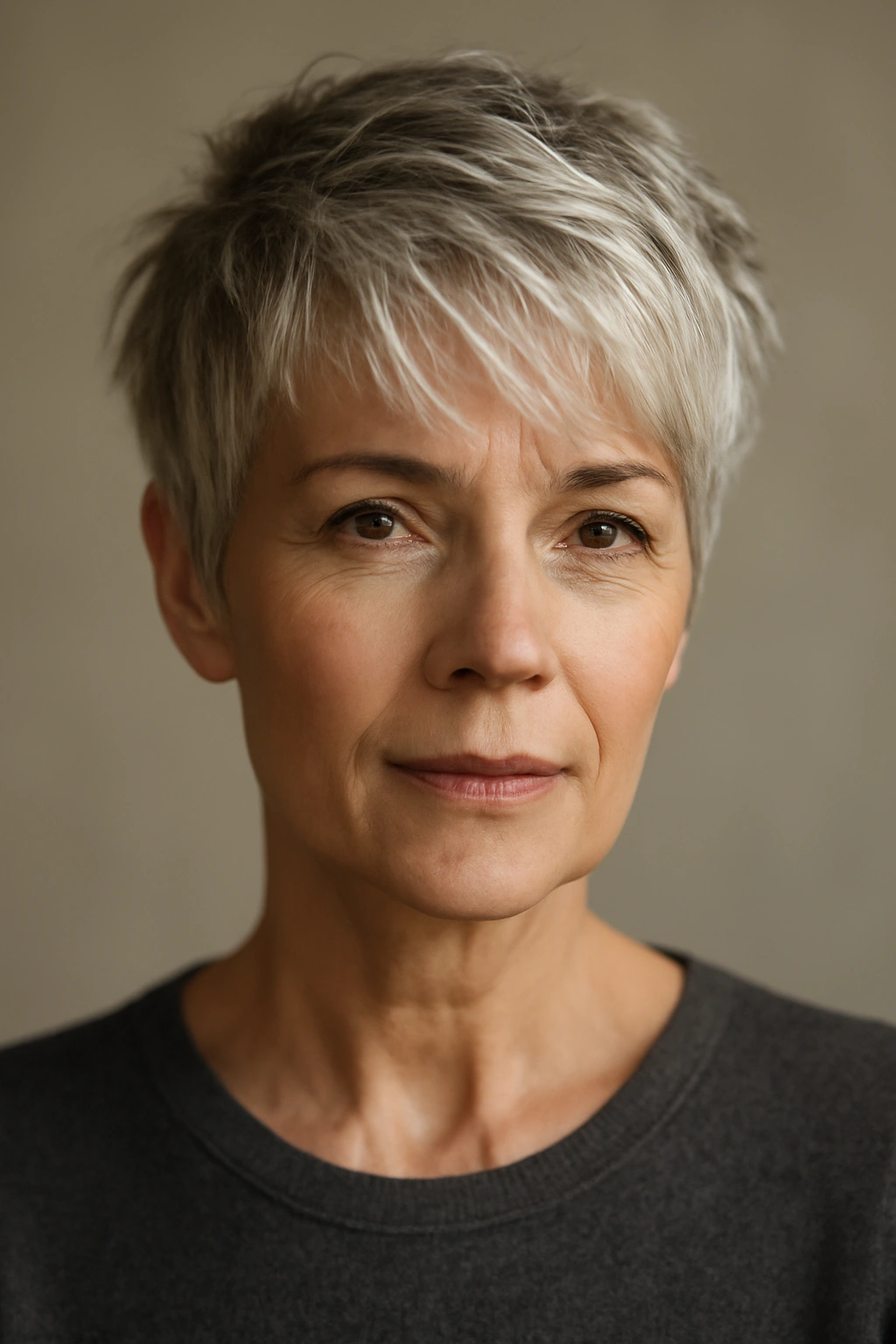 Close-up of a mature woman with a textured pixie cut showing choppy layers and light-catching top