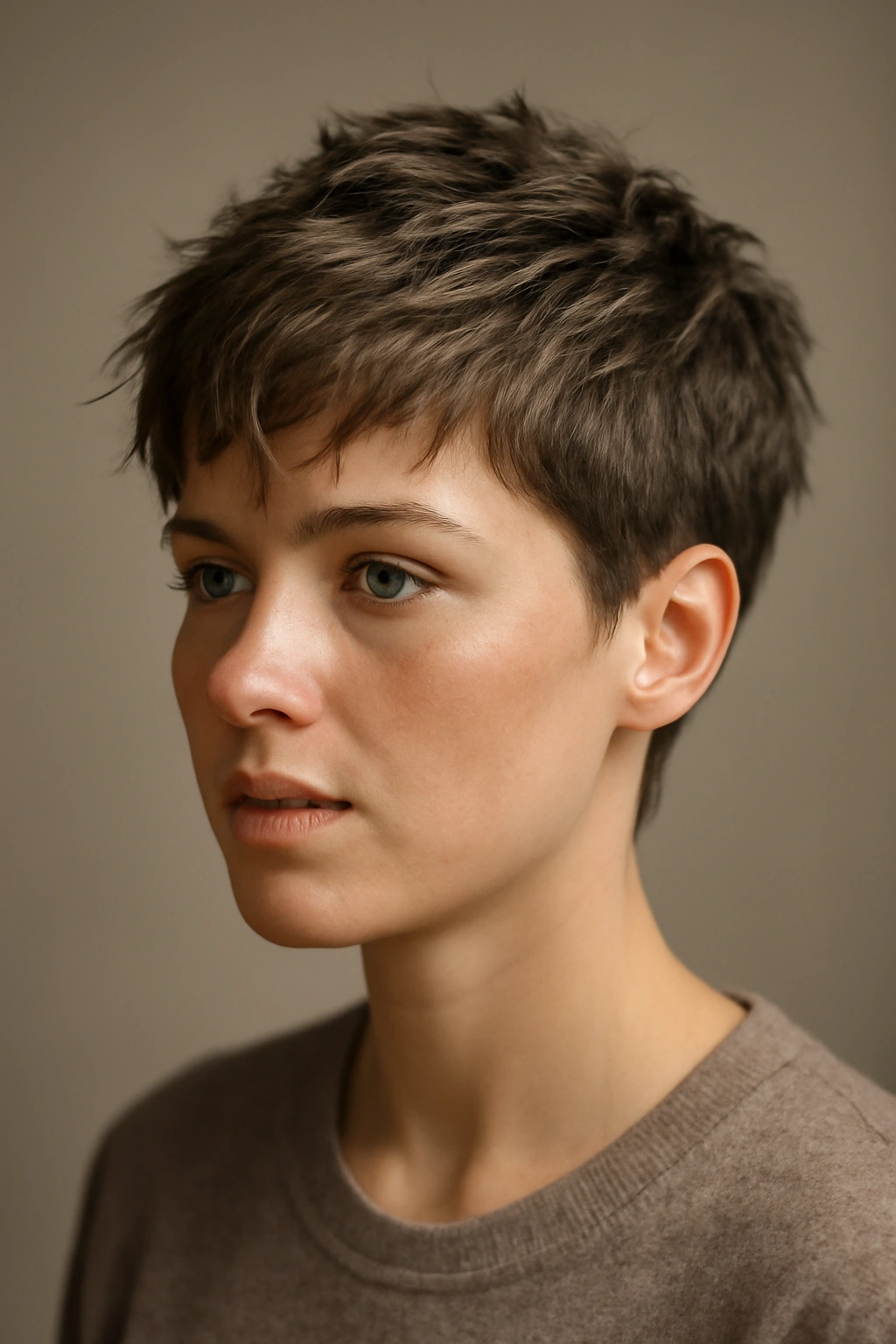 Close-up of textured pixie cut with choppy layers and natural movement