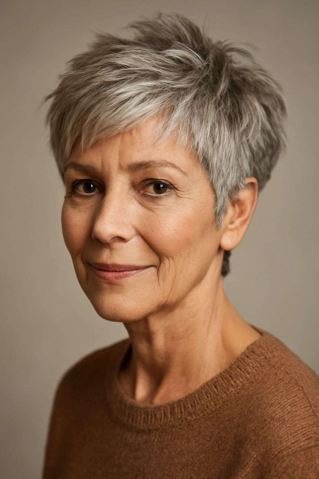 Close-up of a person with a textured pixie cut showing face-framing layers and choppy texture
