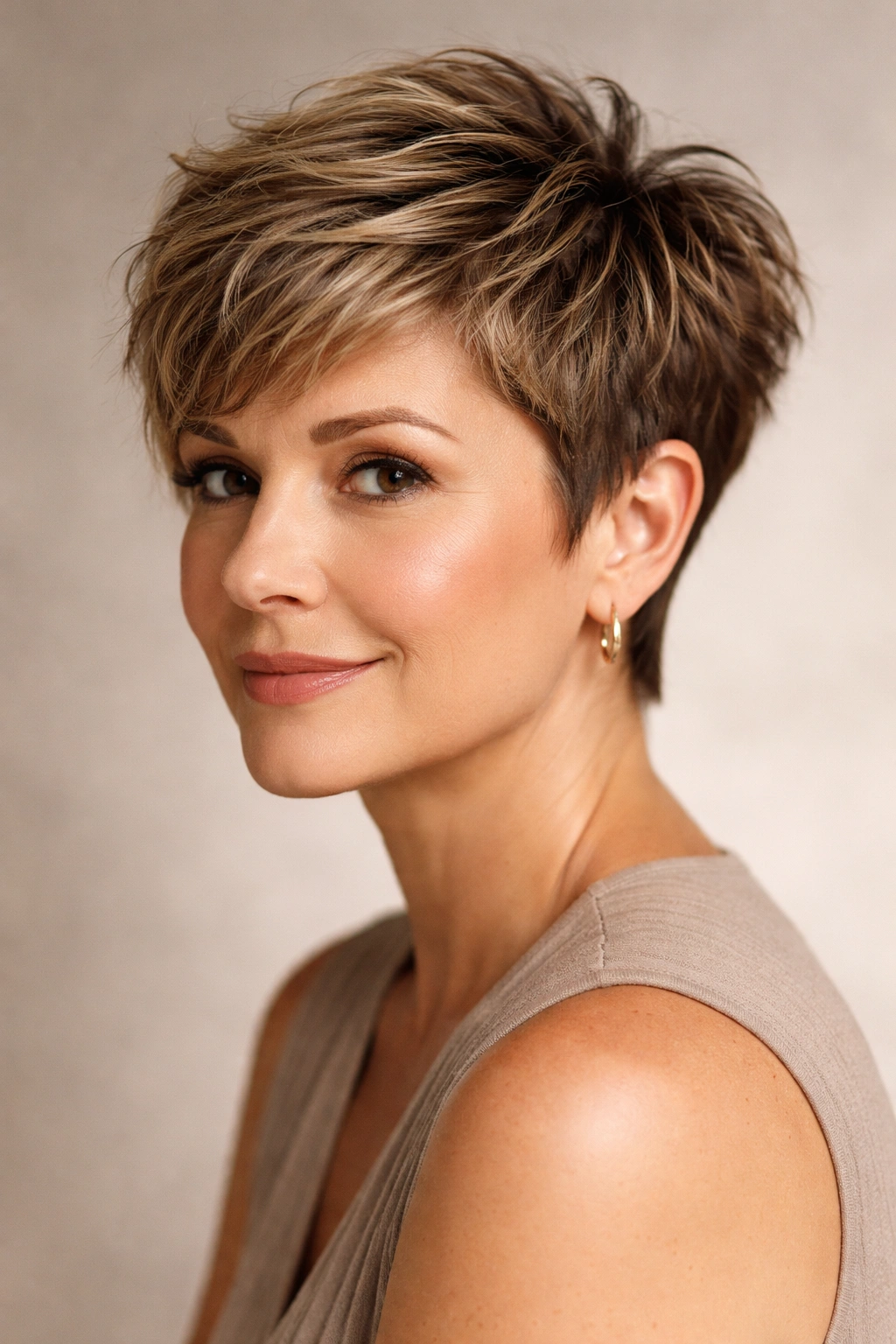 Close-up of textured pixie cut on a round-faced woman highlighting crown height and texture