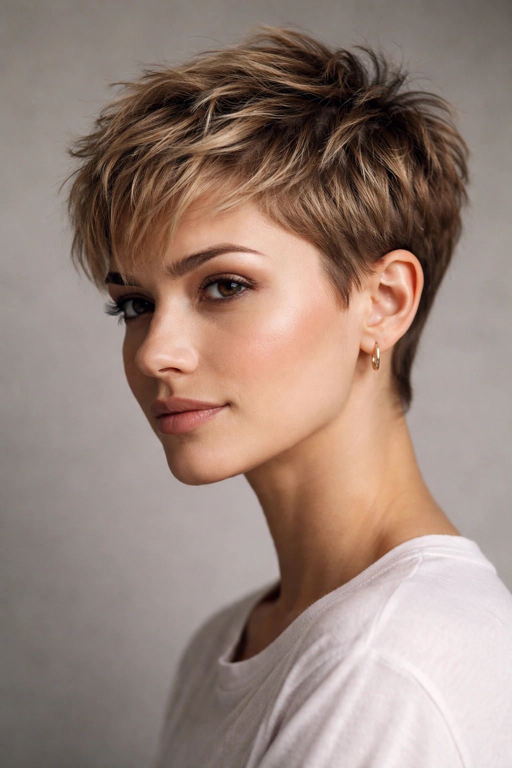 Close-up of a textured pixie crop with short sides and choppy top