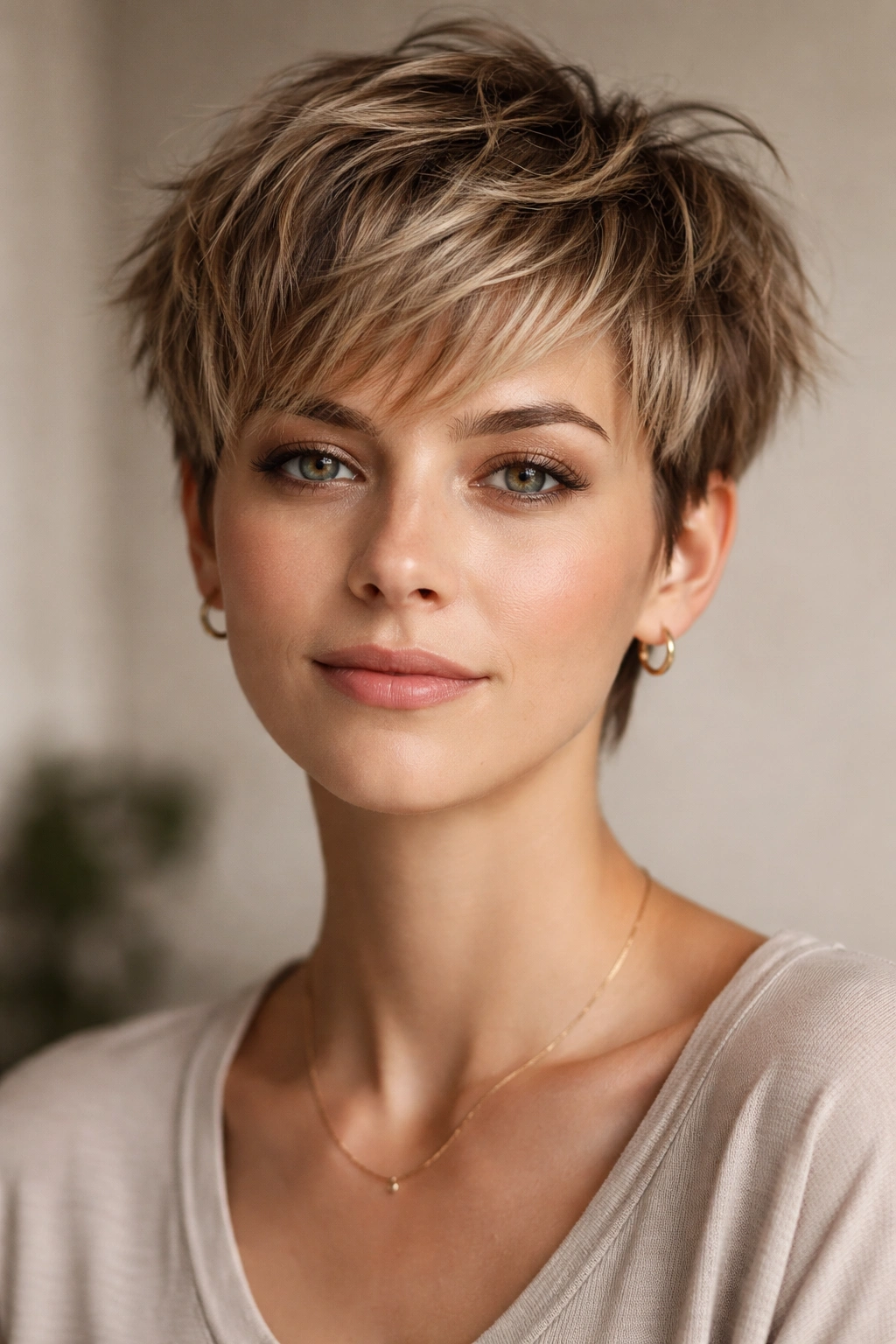 Close-up of a person with a textured pixie cut, showing choppy layers and movement in studio light