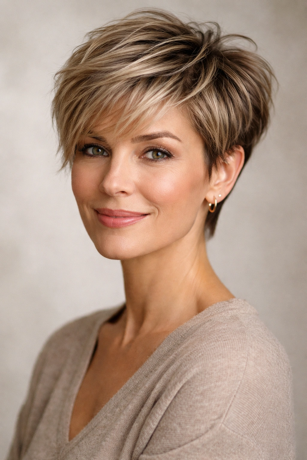 Close-up portrait of a woman with textured pixie cut and layered angles.