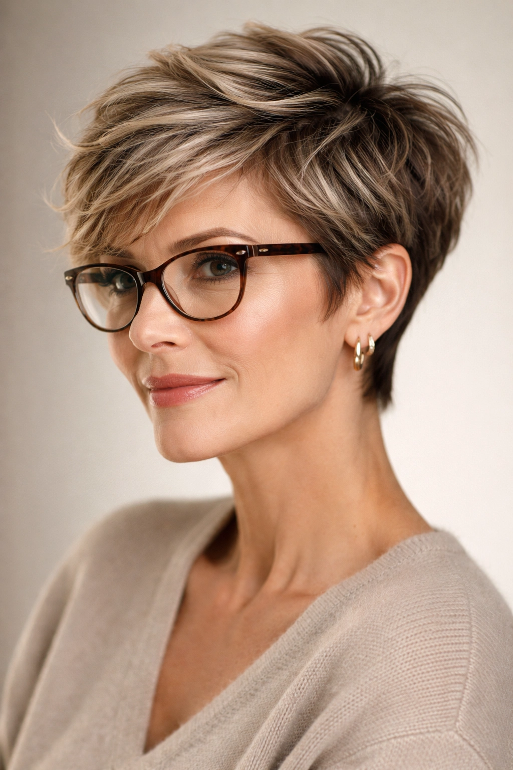 Close-up of a mature woman with a textured pixie cut showcasing layered crown and cheekbone framing