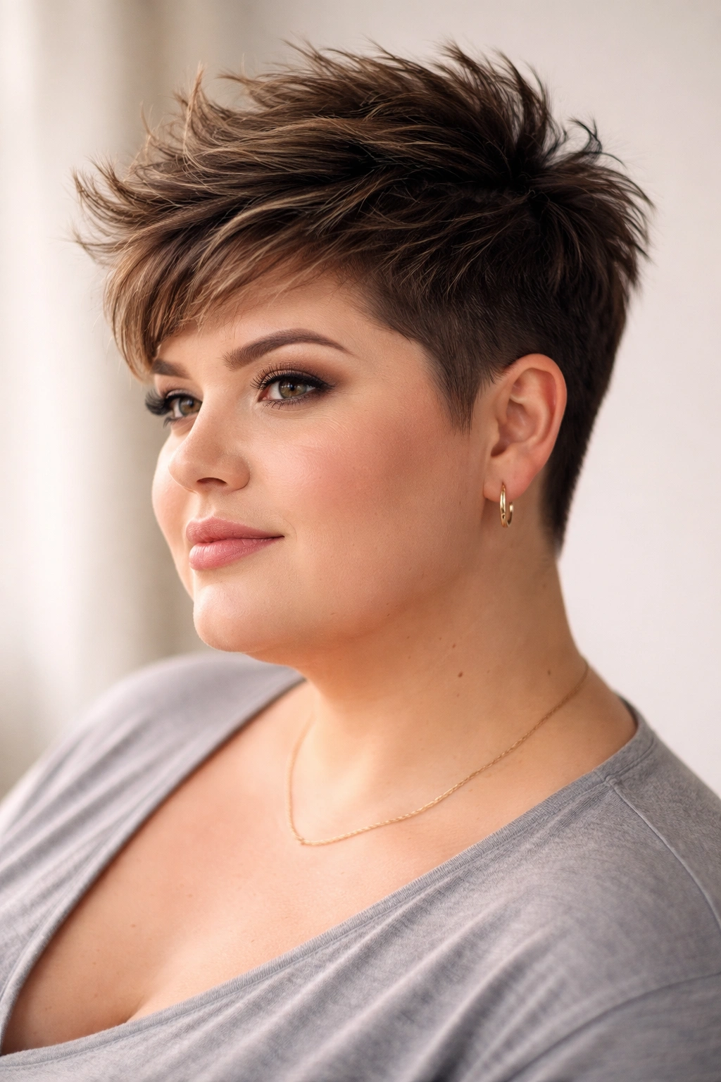 Close-up of a textured pixie cut on a round-faced model highlighting vertical texture