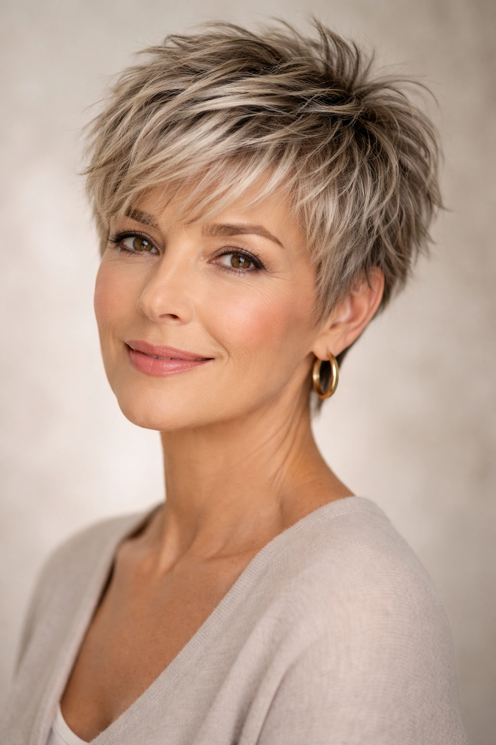 Close-up portrait of a woman with a textured pixie cut showing lifted crown and choppy layers