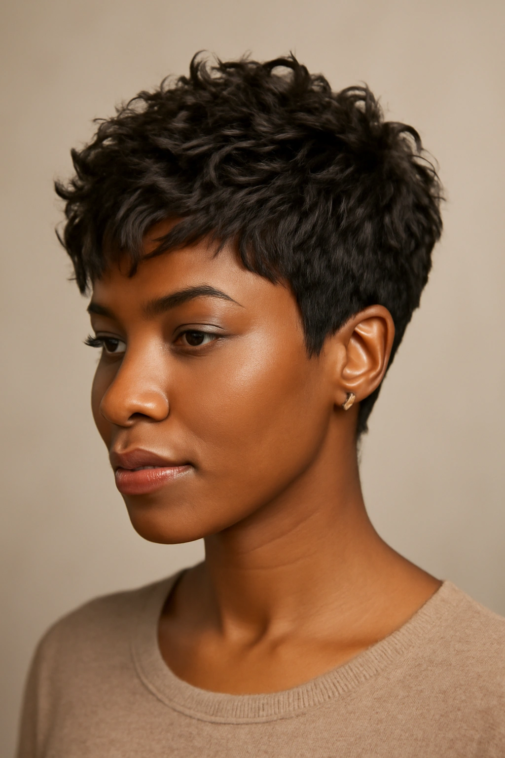 Close-up of a Black woman with textured pixie weave and layered top.
