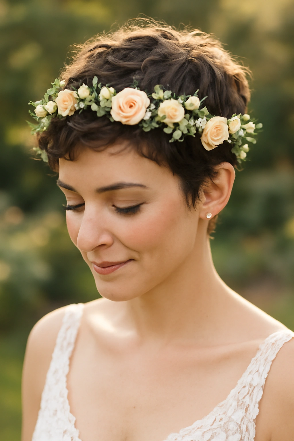 Close-up of a textured pixie with a flower crown in natural outdoor light.