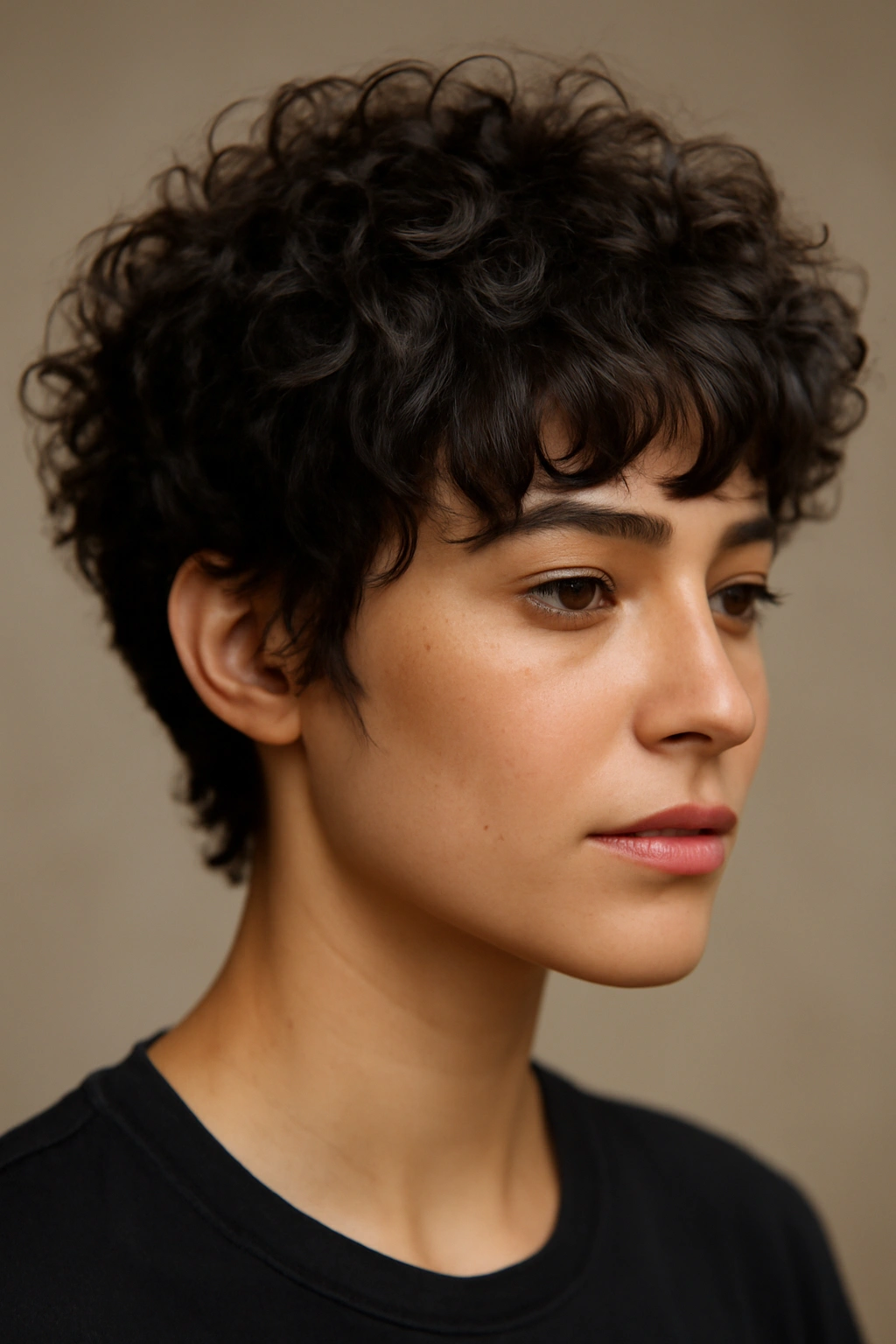Textured pixie fringe with piecey layers on curly hair