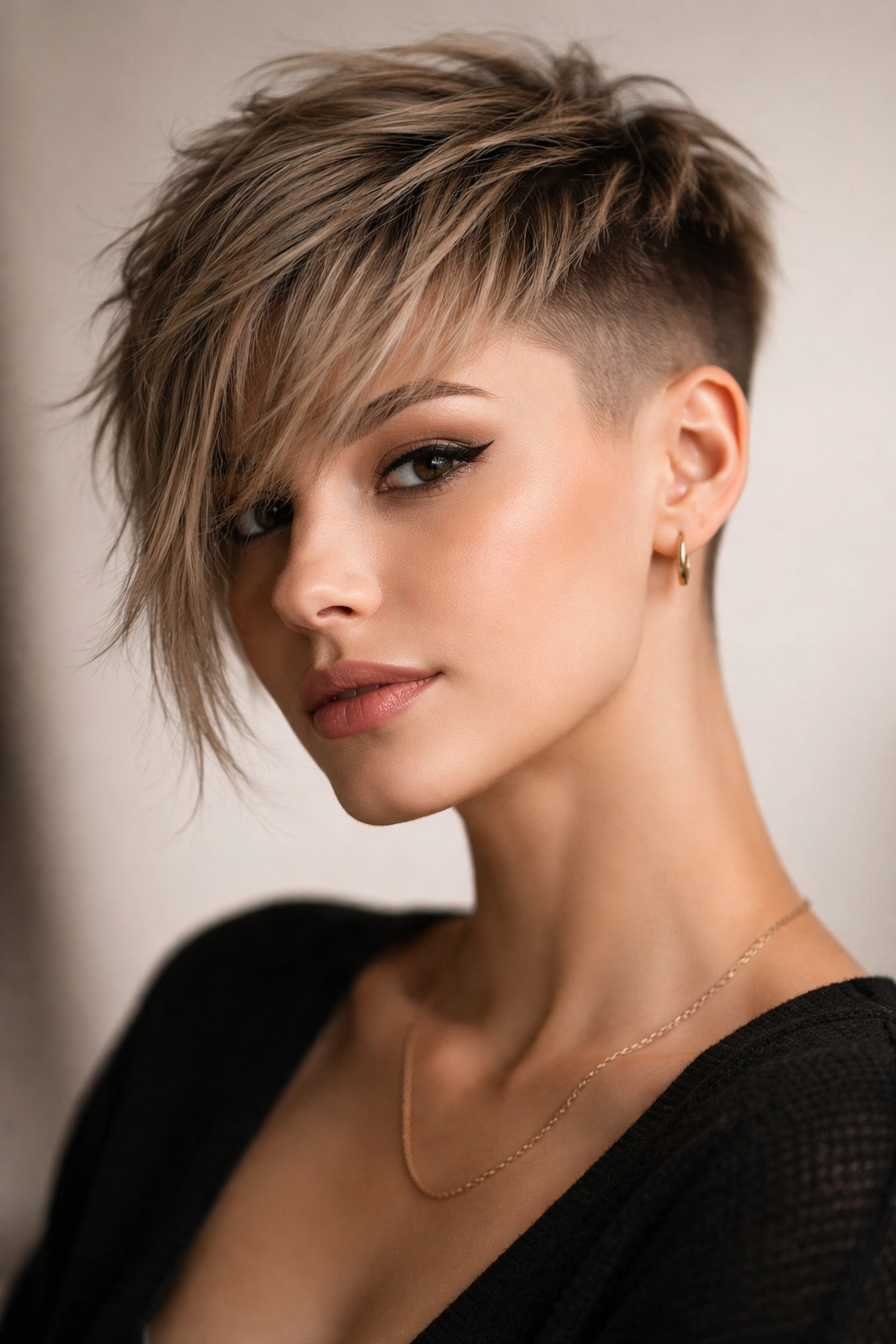 Textured pixie with long fringe and shaved sides framing the face