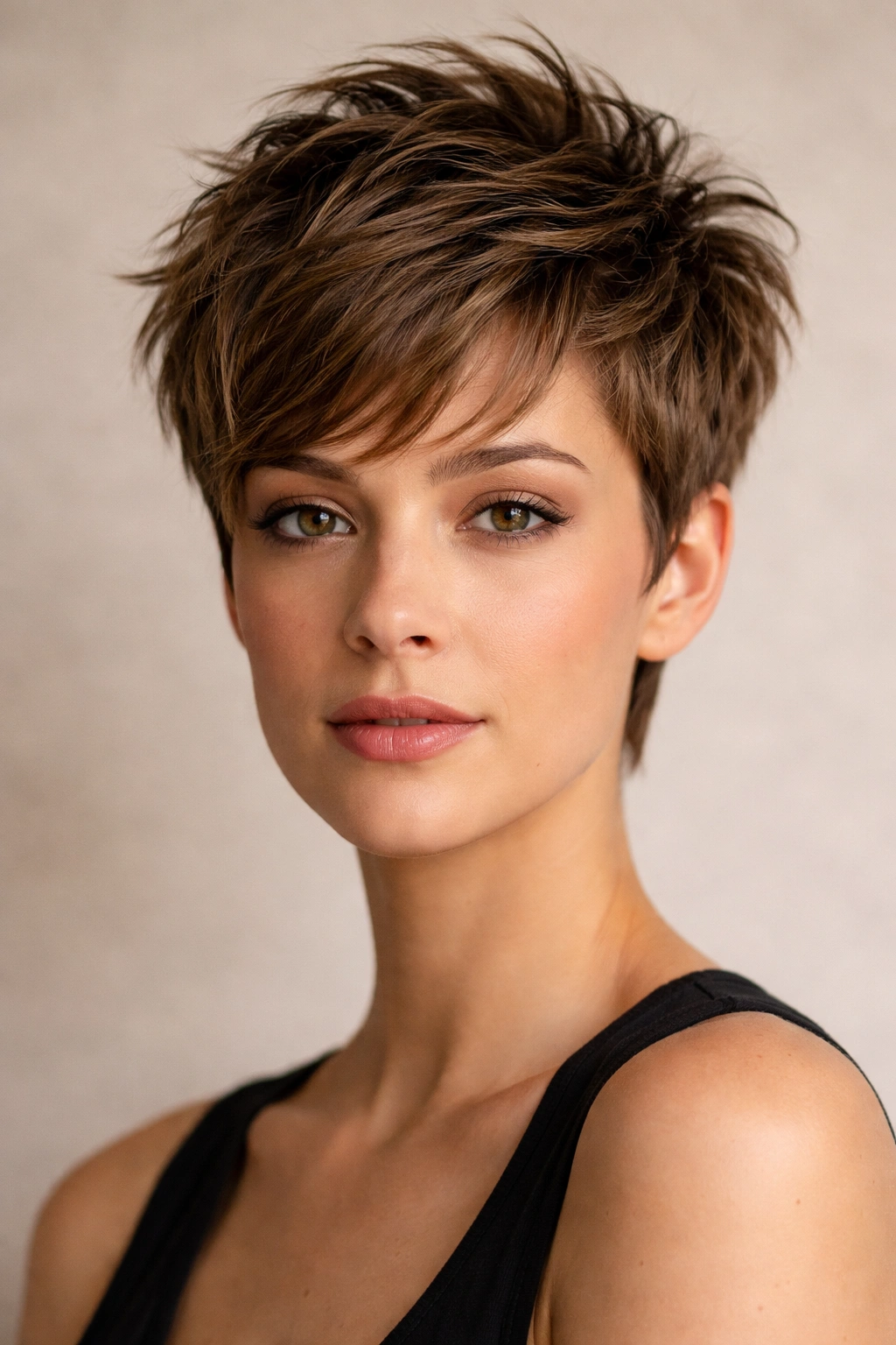 Textured pixie with grown-out layers adding volume at the crown.