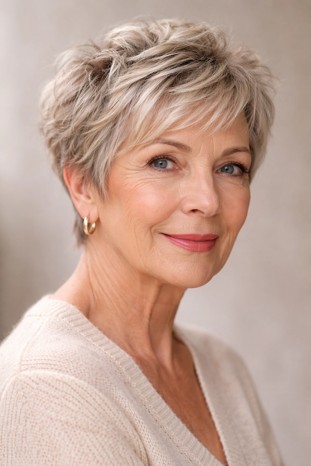 Portrait of a senior woman with a textured pixie cut showing grown-out sides and light-catching layers.