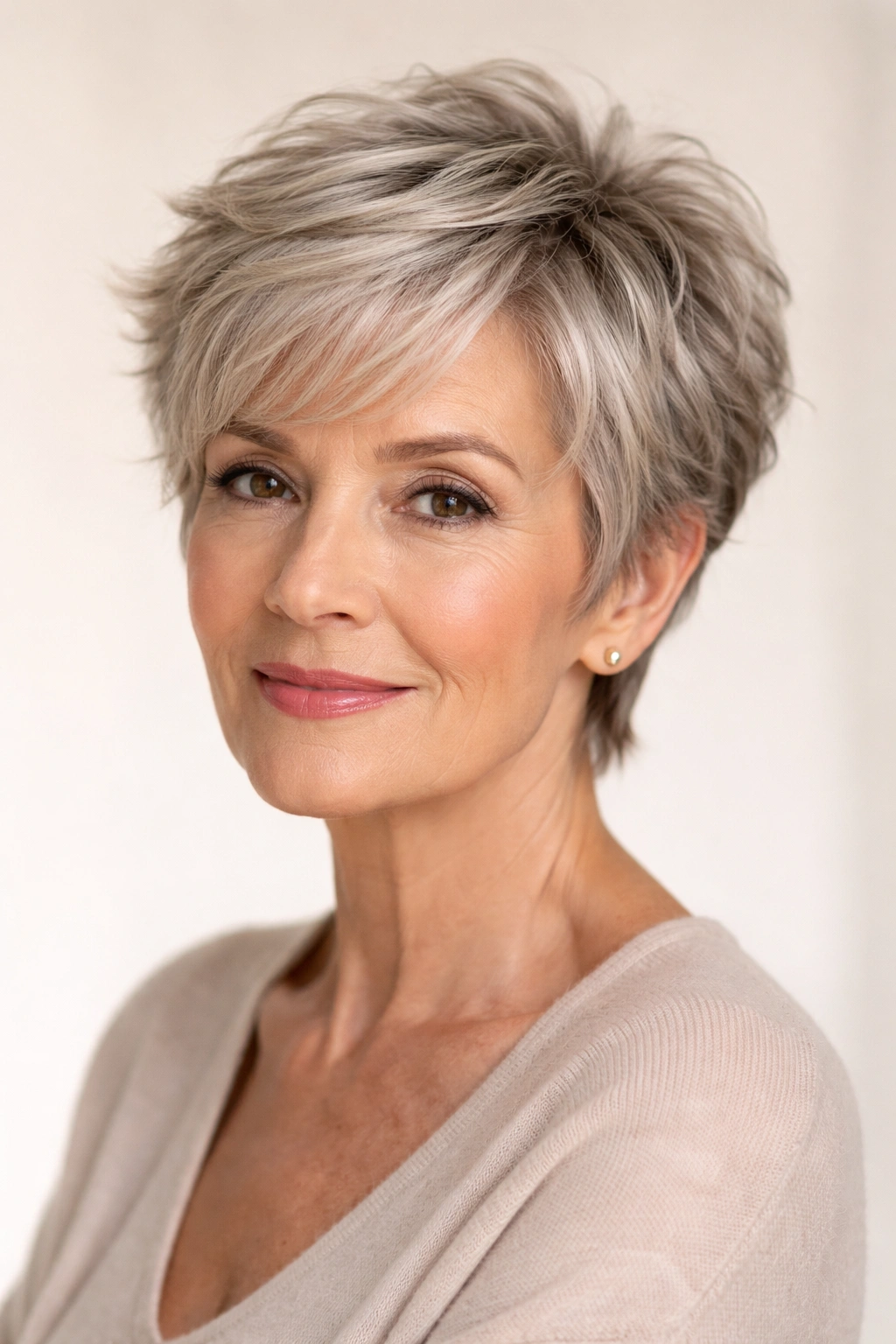 Close-up of a short textured pixie with top volume and soft framing sides.
