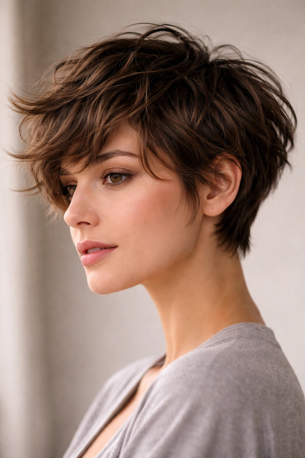 Close-up of textured pixie haircut with choppy layers