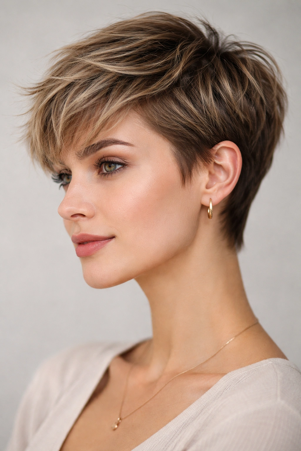 Close-up portrait of a person with a textured pixie haircut showing varied top lengths and texture