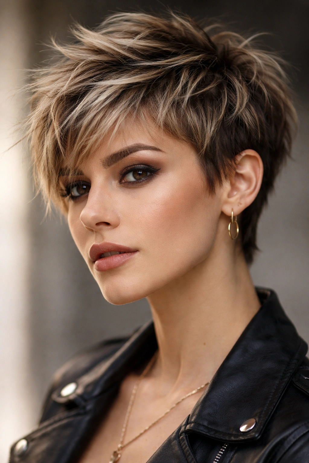 Close-up of textured choppy pixie haircut with varied lengths and light reflection