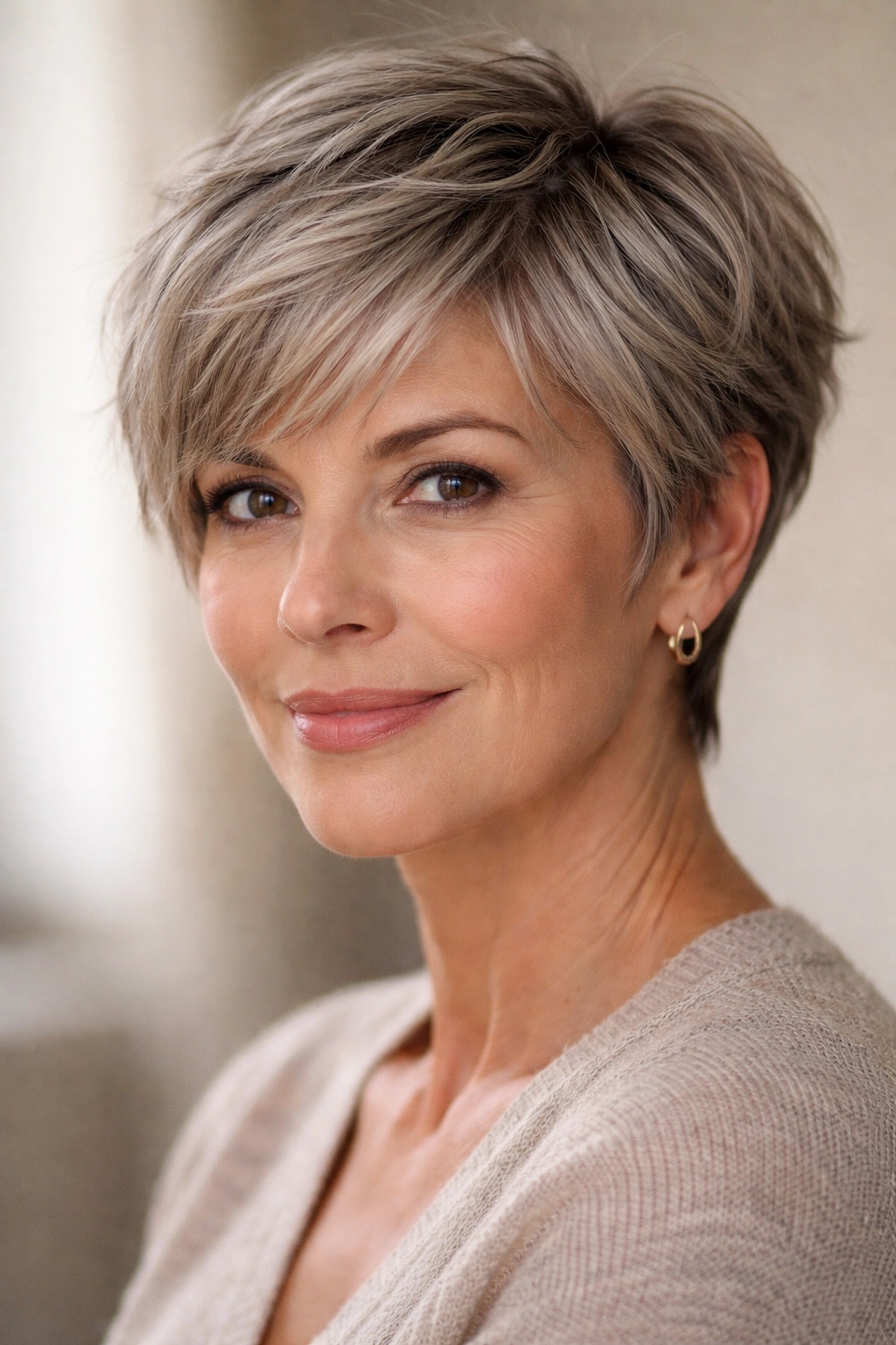 Close-up portrait of a textured pixie hairstyle with longer sides and cropped back.
