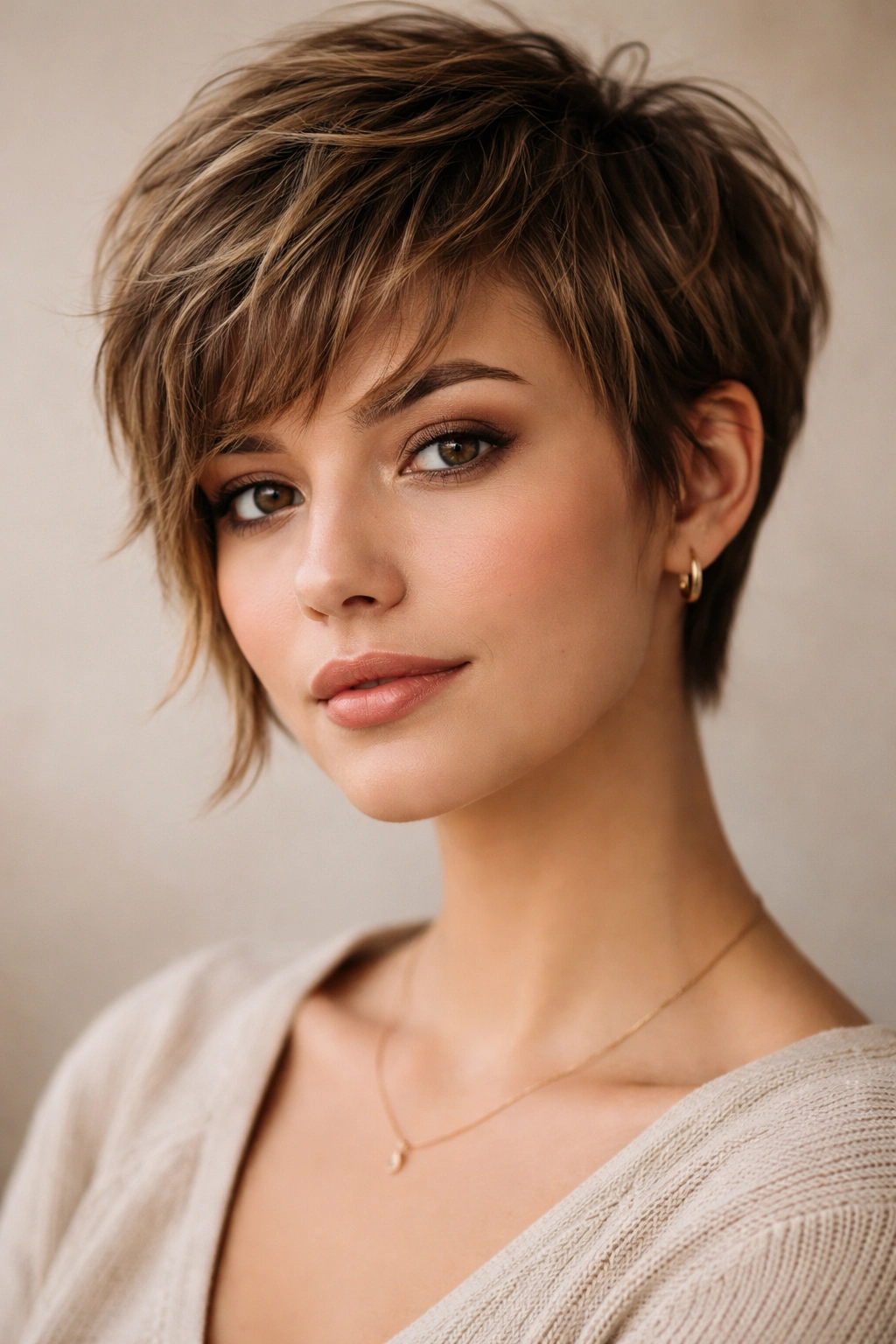 Close-up portrait of a person with a textured pixie haircut featuring longer sides and face-framing layers