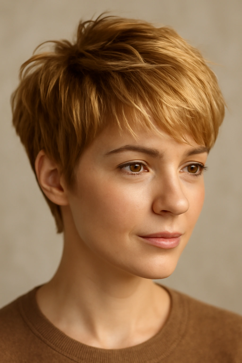 Close-up of a textured pixie cut in honey blonde with warm highlights