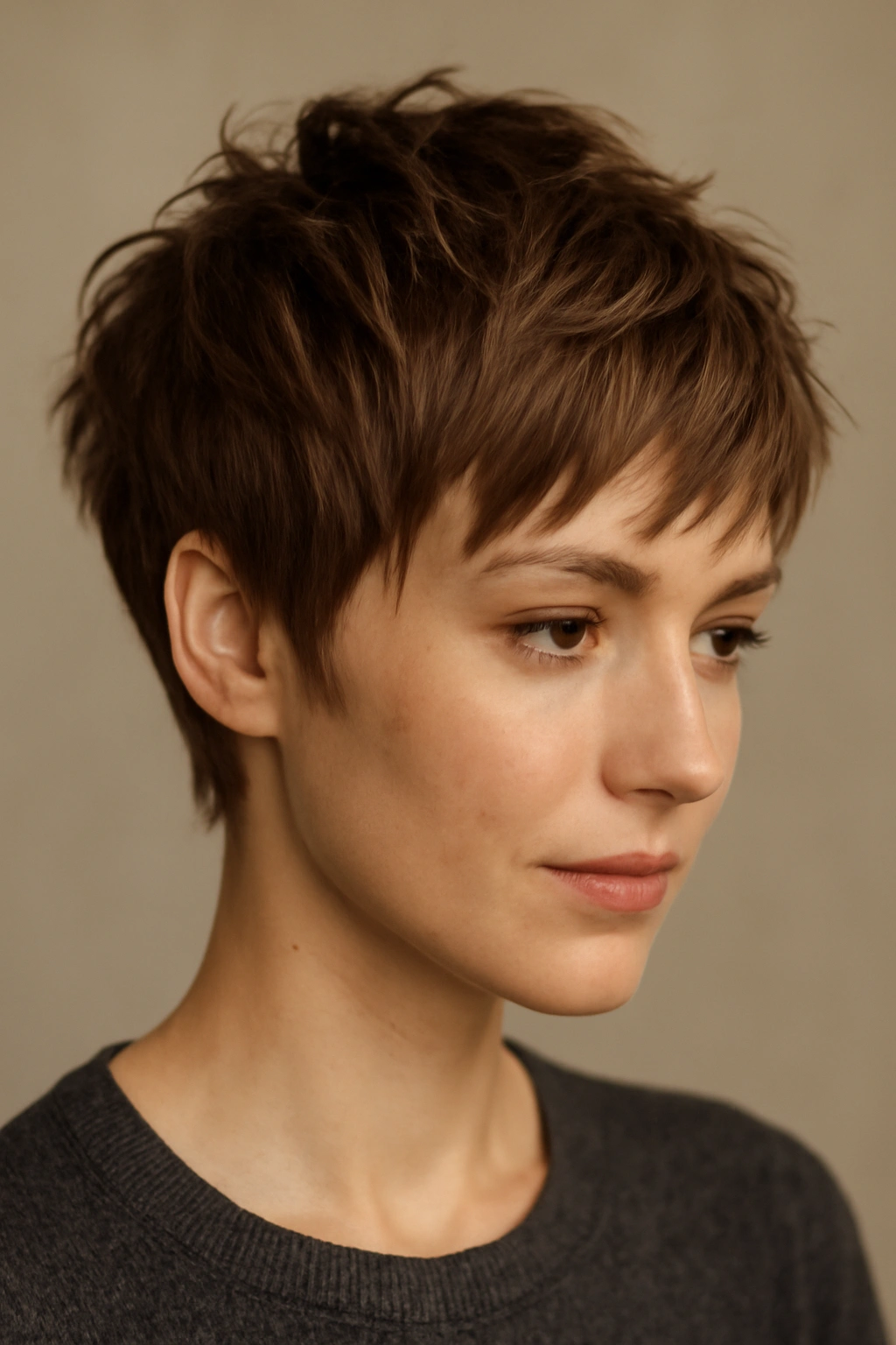 Close-up of a textured pixie cut with piece-y layers on a neutral background