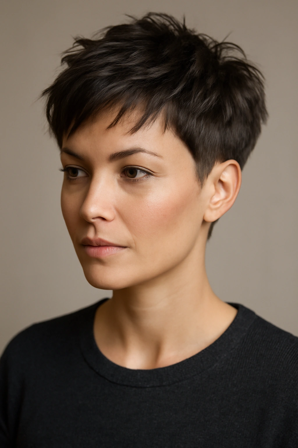 Head-and-shoulders portrait of textured pixie with choppy layers and faded sides