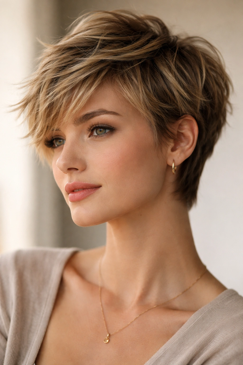Close-up of textured tousled long pixie with layered hair in studio light