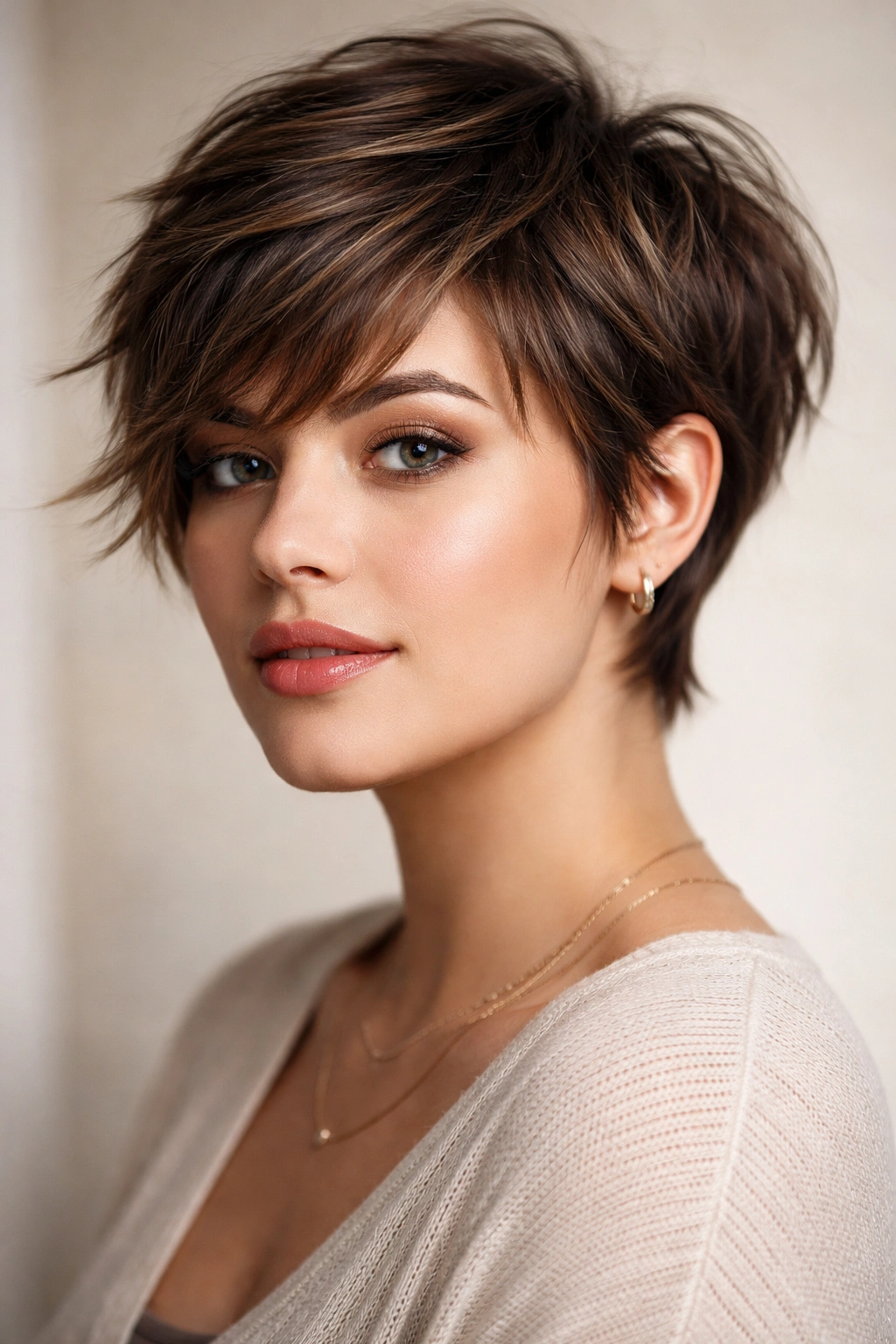 Close-up of textured pixie with long layers highlighting choppy, dimensional styling.