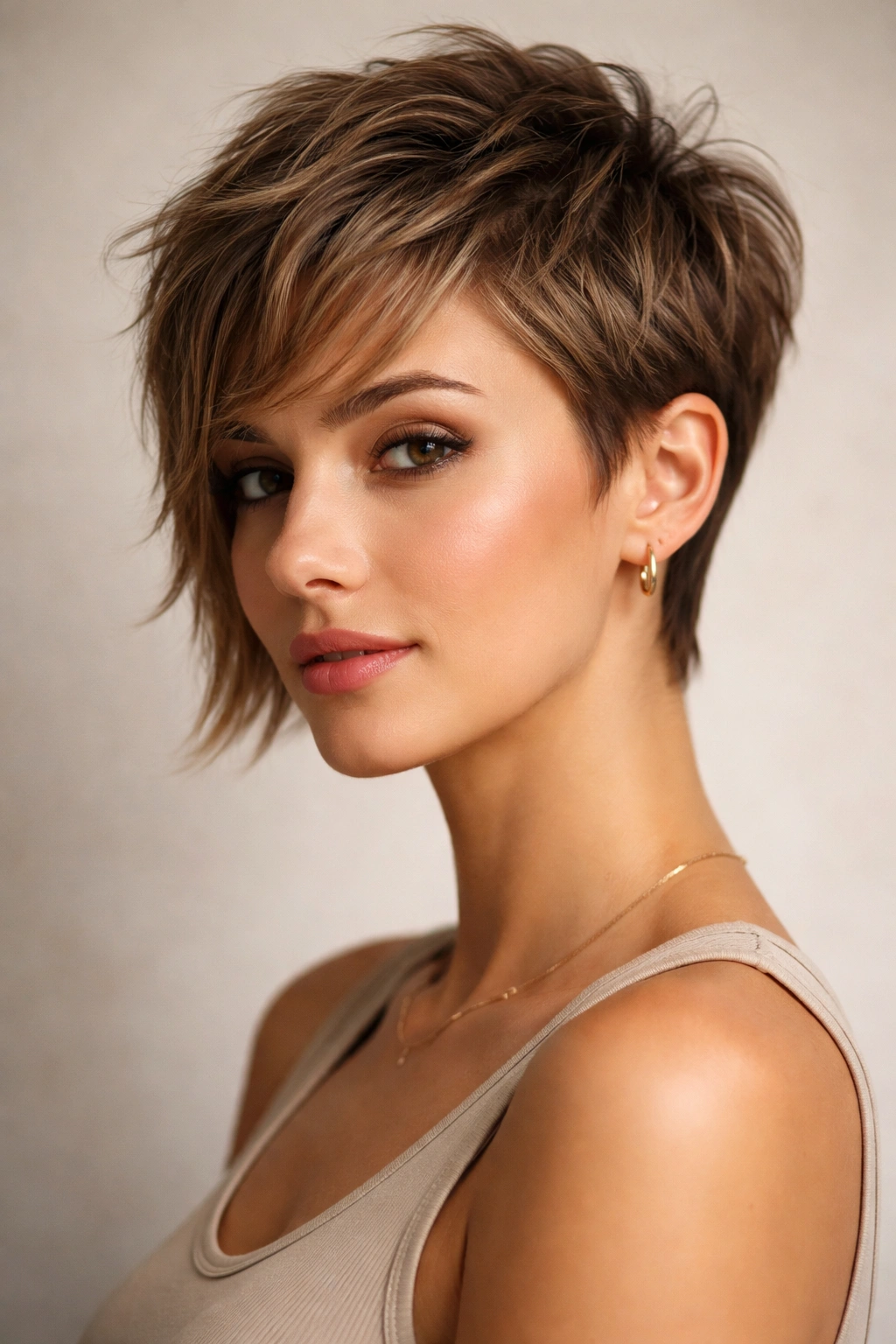Textured pixie with longer sides portrait showing cheekbone-grazing sides
