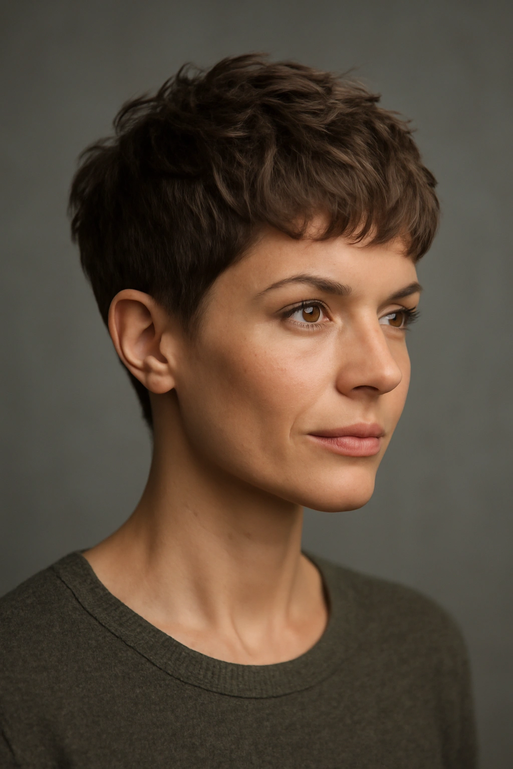 Portrait of a woman with a textured pixie and longer top showing natural texture
