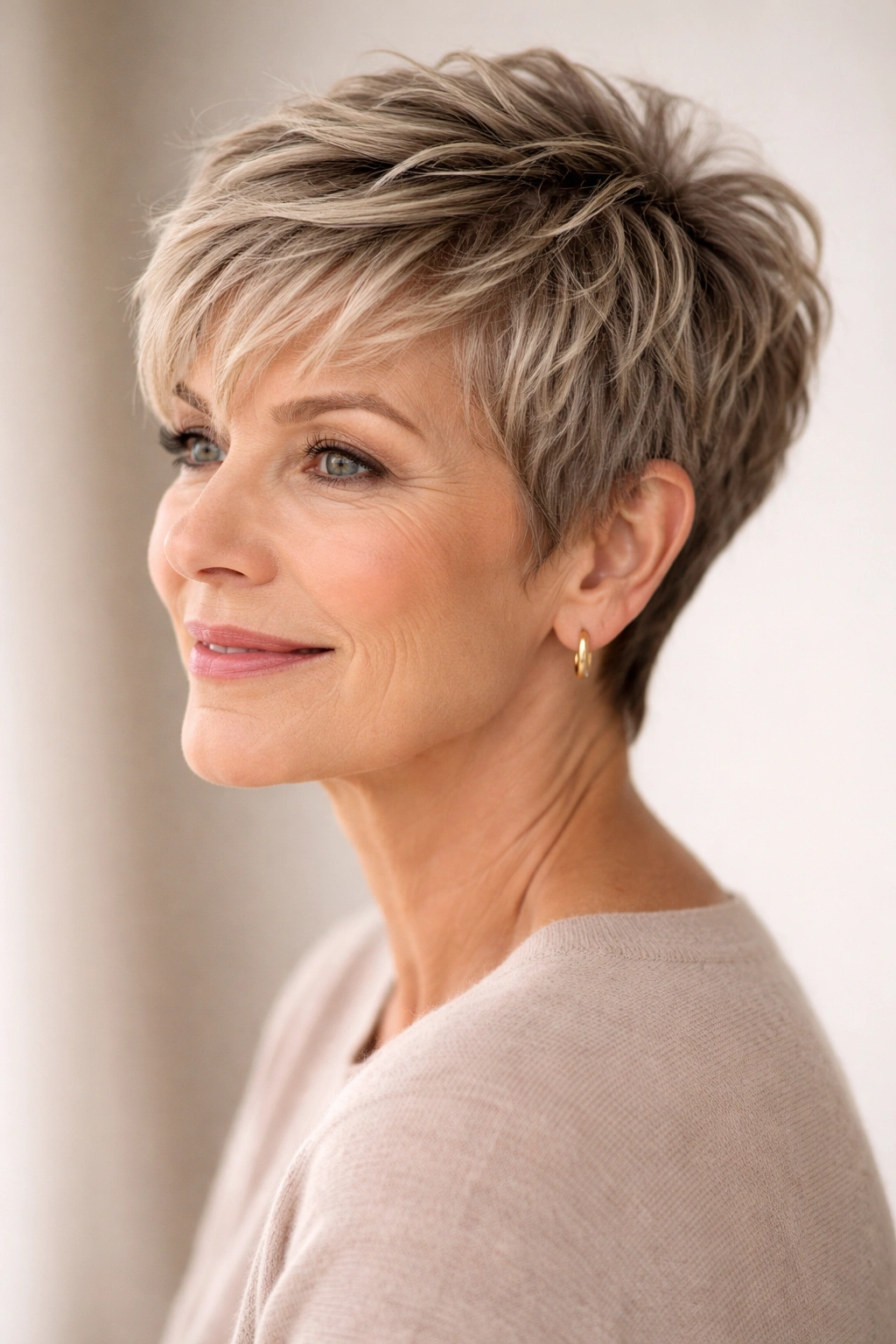 Close-up of textured pixie with longer top showing layered waves for fullness in fine hair