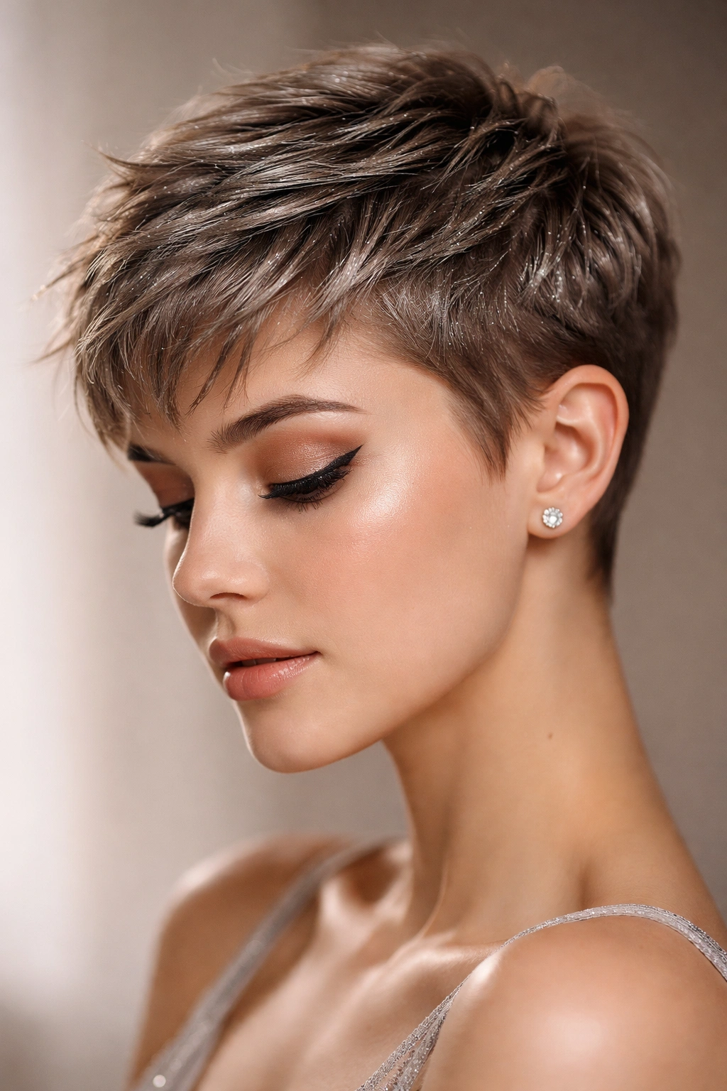 Close-up of a textured short pixie with metallic accents under studio lighting