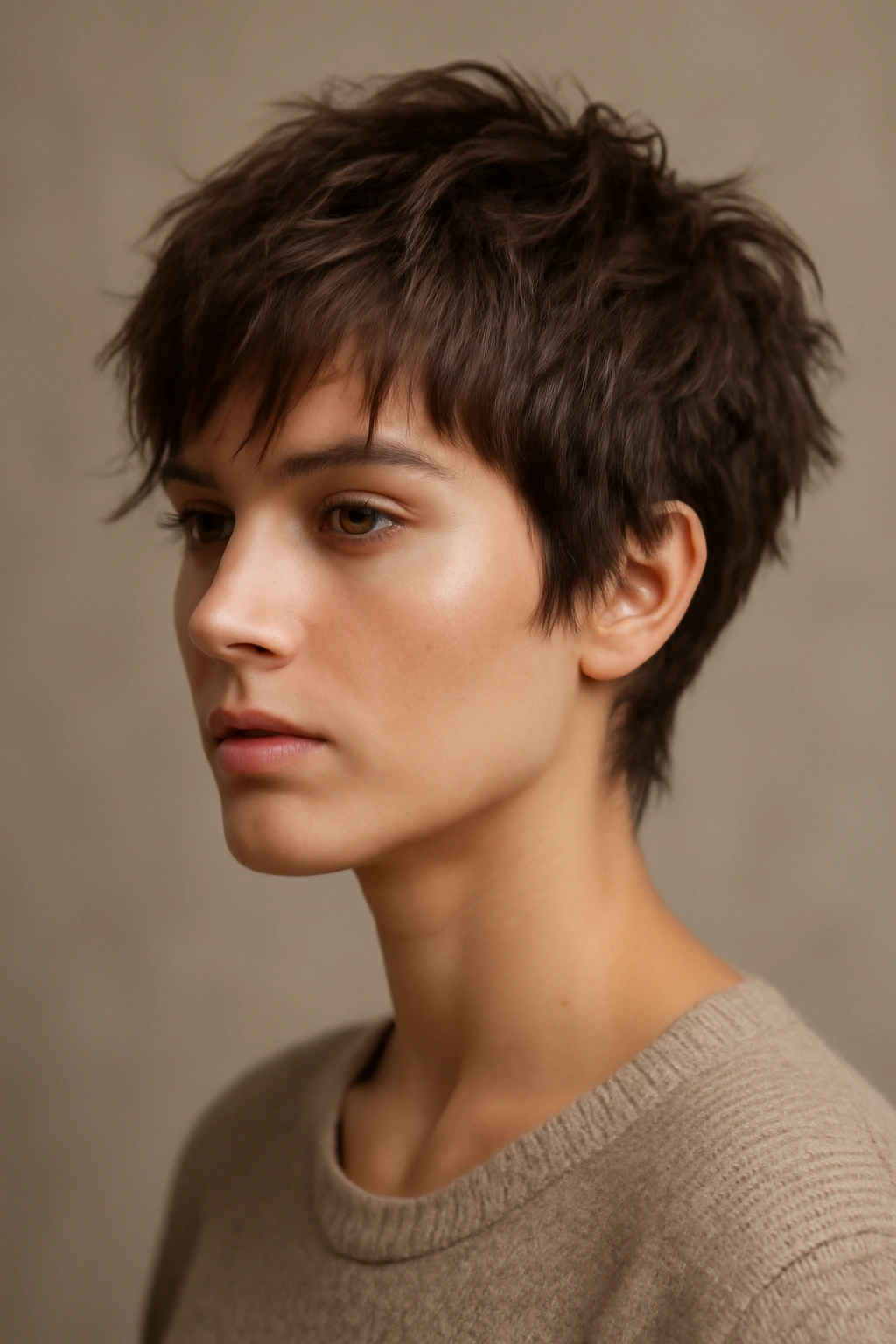 Close-up of a person’s textured shag pixie haircut with choppy layers and movement