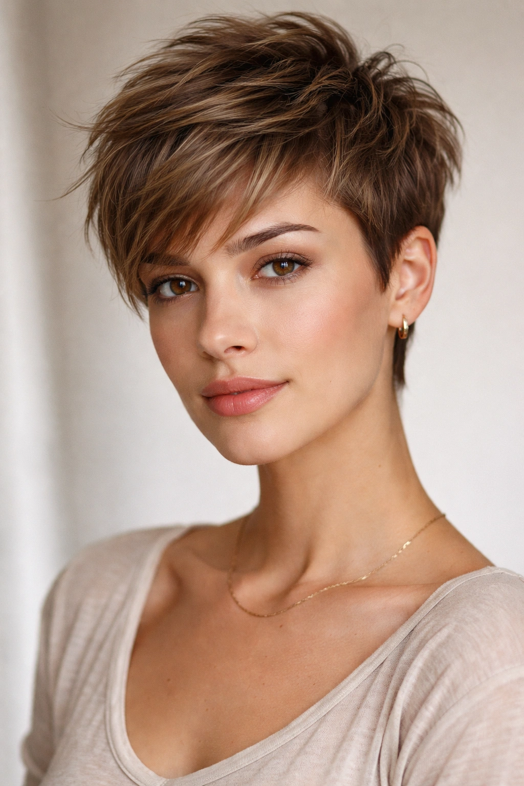 Textured pixie cut with layered top on an oblong face