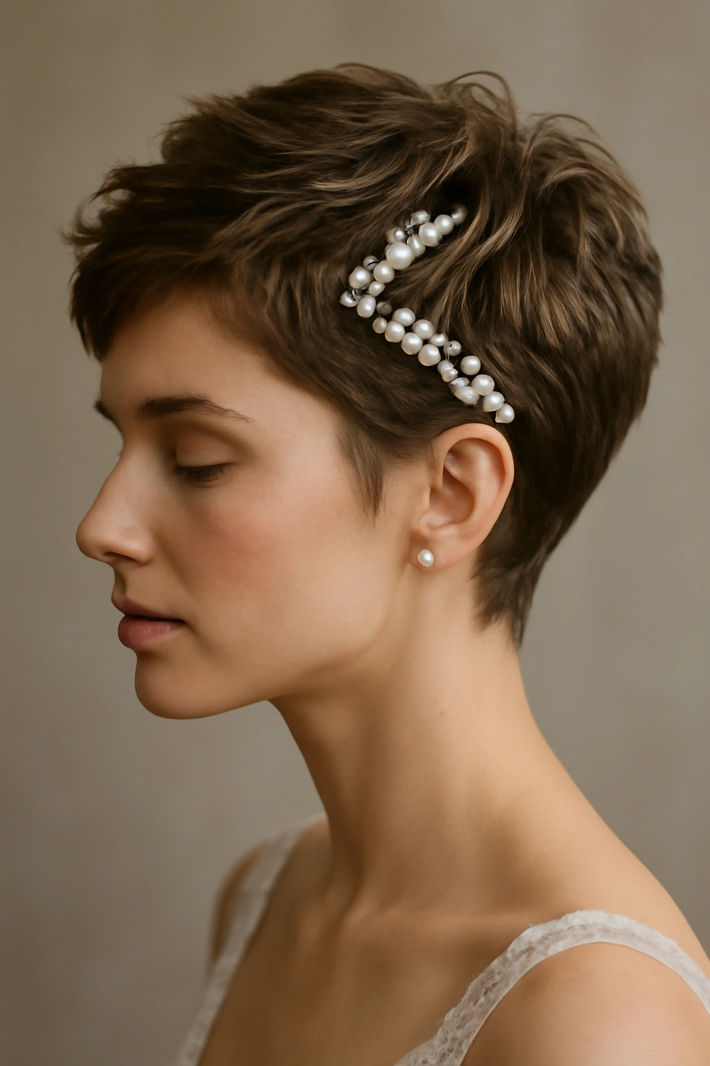 Textured pixie with pearls placed at temple area