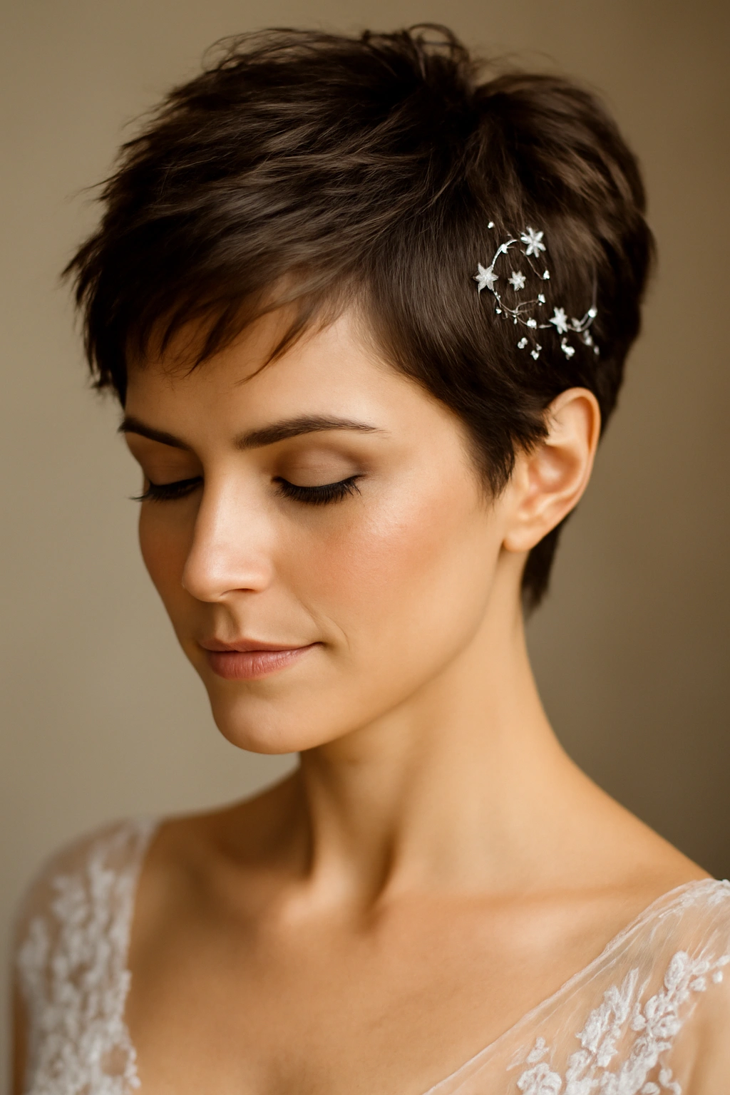 Close-up portrait of a textured pixie hairstyle with delicate hair pins for a wedding